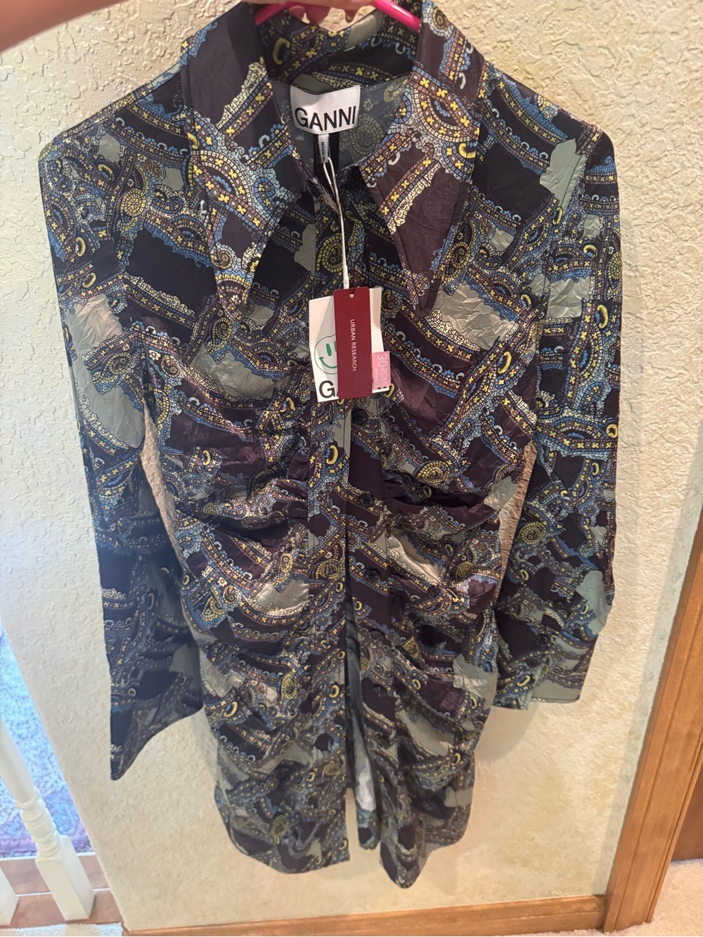 Ganni Navy and Light Blue Paisley Button-Down Shirt